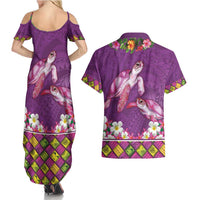 Hawaiian Lei Turtle and Plumeria Couples Matching Summer Maxi Dress and Hawaiian Shirt Polynerian Art Tattoo-Mauve Color
