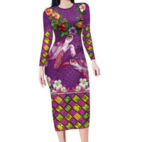 Hawaiian Lei Turtle and Plumeria Family Matching Long Sleeve Bodycon Dress and Hawaiian Shirt Polynerian Art Tattoo-Mauve Color