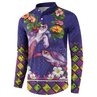 Hawaiian Lei Turtle and Plumeria Button Sweatshirt Polynerian Art Tattoo-Navy Color