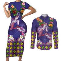 Hawaiian Lei Turtle and Plumeria Couples Matching Short Sleeve Bodycon Dress and Long Sleeve Button Shirt Polynerian Art Tattoo-Navy Color