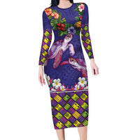 Hawaiian Lei Turtle and Plumeria Family Matching Long Sleeve Bodycon Dress and Hawaiian Shirt Polynerian Art Tattoo-Navy Color