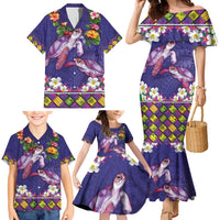 Hawaiian Lei Turtle and Plumeria Family Matching Mermaid Dress and Hawaiian Shirt Polynerian Art Tattoo-Navy Color