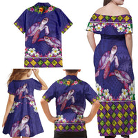 Hawaiian Lei Turtle and Plumeria Family Matching Off Shoulder Maxi Dress and Hawaiian Shirt Polynerian Art Tattoo-Navy Color