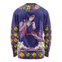 Hawaiian Lei Turtle and Plumeria Long Sleeve Shirt Polynerian Art Tattoo-Navy Color LT03 - Polynesian Pride