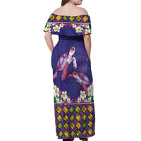 Hawaiian Lei Turtle and Plumeria Off Shoulder Maxi Dress Polynerian Art Tattoo-Navy Color