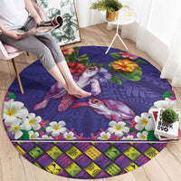 Hawaiian Lei Turtle and Plumeria Round Carpet Polynerian Art Tattoo-Navy Color