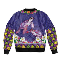 Hawaiian Lei Turtle and Plumeria Sleeve Zip Bomber Jacket Polynerian Art Tattoo-Navy Color