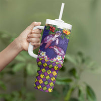 Hawaiian Lei Turtle and Plumeria Tumbler With Handle Polynerian Art Tattoo-Navy Color LT03 - Polynesian Pride
