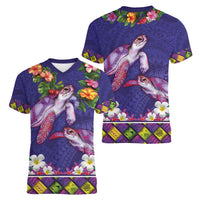 Hawaiian Lei Turtle and Plumeria Women V-Neck T-Shirt Polynerian Art Tattoo-Navy Color