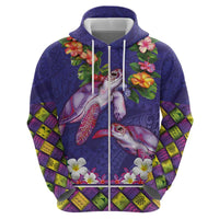 Hawaiian Lei Turtle and Plumeria Zip Hoodie Polynerian Art Tattoo-Navy Color LT03 - Polynesian Pride