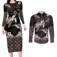 Hawaiian Lei Turtle and Plumeria Couples Matching Long Sleeve Bodycon Dress and Long Sleeve Button Shirt Polynerian Art Tattoo-Grayscale Mode LT03 Black - Polynesian Pride