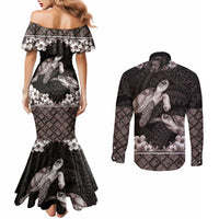 Hawaiian Lei Turtle and Plumeria Couples Matching Mermaid Dress and Long Sleeve Button Shirt Polynerian Art Tattoo-Grayscale Mode LT03 - Polynesian Pride