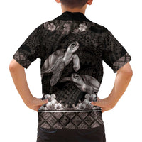 Hawaiian Lei Turtle and Plumeria Family Matching Off Shoulder Short Dress and Hawaiian Shirt Polynerian Art Tattoo-Grayscale Mode