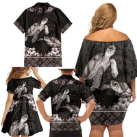 Hawaiian Lei Turtle and Plumeria Family Matching Off Shoulder Short Dress and Hawaiian Shirt Polynerian Art Tattoo-Grayscale Mode
