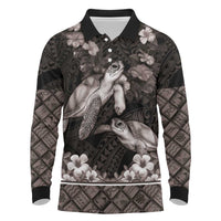 Hawaiian Lei Turtle and Plumeria Long Sleeve Polo Shirt Polynerian Art Tattoo-Grayscale Mode LT03 Black - Polynesian Pride