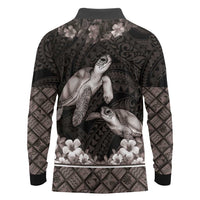 Hawaiian Lei Turtle and Plumeria Long Sleeve Polo Shirt Polynerian Art Tattoo-Grayscale Mode LT03 - Polynesian Pride