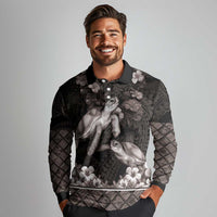Hawaiian Lei Turtle and Plumeria Long Sleeve Polo Shirt Polynerian Art Tattoo-Grayscale Mode LT03 - Polynesian Pride