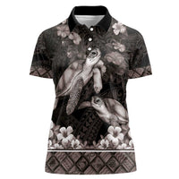 Hawaiian Lei Turtle and Plumeria Women Polo Shirt Polynerian Art Tattoo-Grayscale Mode LT03 Female Black - Polynesian Pride