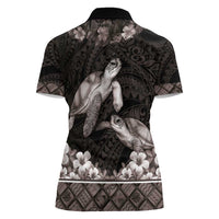 Hawaiian Lei Turtle and Plumeria Women Polo Shirt Polynerian Art Tattoo-Grayscale Mode LT03 - Polynesian Pride