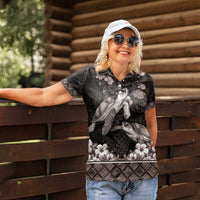 Hawaiian Lei Turtle and Plumeria Women Polo Shirt Polynerian Art Tattoo-Grayscale Mode LT03 - Polynesian Pride