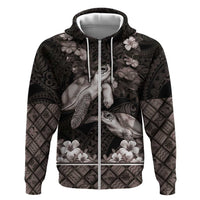 Hawaiian Lei Turtle and Plumeria Zip Hoodie Polynerian Art Tattoo-Grayscale Mode LT03 Zip Hoodie Black - Polynesian Pride