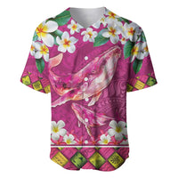Hawaiian Plumeria and Humpback Whales Baseball Jersey Polynerian Art Tattoo-Plum Pink Color