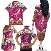 Hawaiian Plumeria and Humpback Whales Family Matching Off The Shoulder Long Sleeve Dress and Hawaiian Shirt Polynerian Art Tattoo-Plum Pink Color