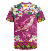 Hawaiian Plumeria and Humpback Whales Rugby Jersey Polynerian Art Tattoo-Plum Pink Color