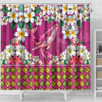 Hawaiian Plumeria and Humpback Whales Shower Curtain Polynerian Art Tattoo-Plum Pink Color