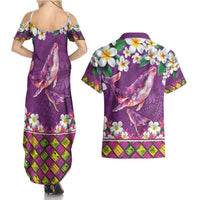 Hawaiian Plumeria and Humpback Whales Couples Matching Summer Maxi Dress and Hawaiian Shirt Polynerian Art Tattoo-Mauve Color
