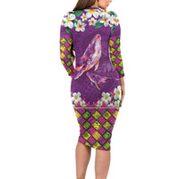 Hawaiian Plumeria and Humpback Whales Family Matching Long Sleeve Bodycon Dress and Hawaiian Shirt Polynerian Art Tattoo-Mauve Color