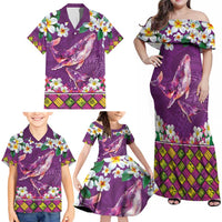 Hawaiian Plumeria and Humpback Whales Family Matching Off Shoulder Maxi Dress and Hawaiian Shirt Polynerian Art Tattoo-Mauve Color
