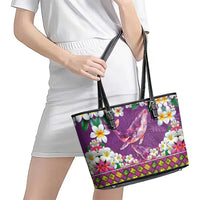 Hawaiian Plumeria and Humpback Whales Leather Tote Bag Polynerian Art Tattoo-Mauve Color