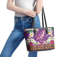 Hawaiian Plumeria and Humpback Whales Leather Tote Bag Polynerian Art Tattoo-Mauve Color