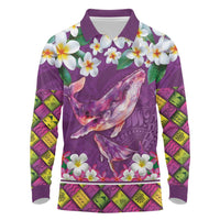 Hawaiian Plumeria and Humpback Whales Long Sleeve Polo Shirt Polynerian Art Tattoo-Mauve Color
