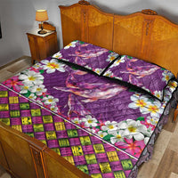 Hawaiian Plumeria and Humpback Whales Quilt Bed Set Polynerian Art Tattoo-Mauve Color