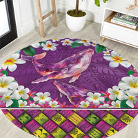 Hawaiian Plumeria and Humpback Whales Round Carpet Polynerian Art Tattoo-Mauve Color