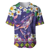 Hawaiian Plumeria and Humpback Whales Baseball Jersey Polynerian Art Tattoo-Navy Color