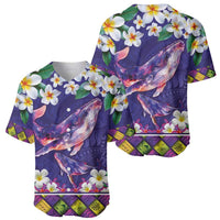 Hawaiian Plumeria and Humpback Whales Baseball Jersey Polynerian Art Tattoo-Navy Color