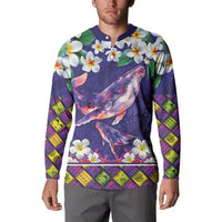 Hawaiian Plumeria and Humpback Whales Button Sweatshirt Polynerian Art Tattoo-Navy Color LT03 - Polynesian Pride