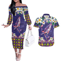 Hawaiian Plumeria and Humpback Whales Couples Matching Off The Shoulder Long Sleeve Dress and Hawaiian Shirt Polynerian Art Tattoo-Navy Color