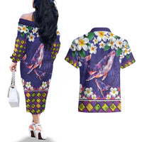 Hawaiian Plumeria and Humpback Whales Couples Matching Off The Shoulder Long Sleeve Dress and Hawaiian Shirt Polynerian Art Tattoo-Navy Color