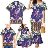 Hawaiian Plumeria and Humpback Whales Family Matching Mermaid Dress and Hawaiian Shirt Polynerian Art Tattoo-Navy Color