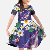 Hawaiian Plumeria and Humpback Whales Family Matching Puletasi and Hawaiian Shirt Polynerian Art Tattoo-Navy Color