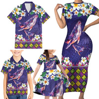 Hawaiian Plumeria and Humpback Whales Family Matching Short Sleeve Bodycon Dress and Hawaiian Shirt Polynerian Art Tattoo-Navy Color