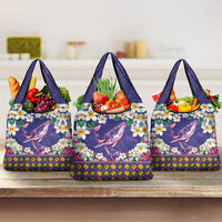 Hawaiian Plumeria and Humpback Whales Grocery Bag Polynerian Art Tattoo-Navy Color