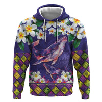 Hawaiian Plumeria and Humpback Whales Hoodie Polynerian Art Tattoo-Navy Color