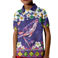 Hawaiian Plumeria and Humpback Whales Kid Polo Shirt Polynerian Art Tattoo-Navy Color