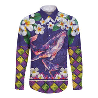 Hawaiian Plumeria and Humpback Whales Long Sleeve Button Shirt Polynerian Art Tattoo-Navy Color LT03 Unisex Navy - Polynesian Pride