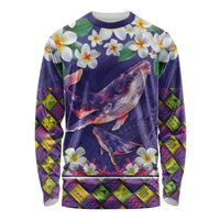 Hawaiian Plumeria and Humpback Whales Long Sleeve Shirt Polynerian Art Tattoo-Navy Color LT03 Unisex Navy - Polynesian Pride